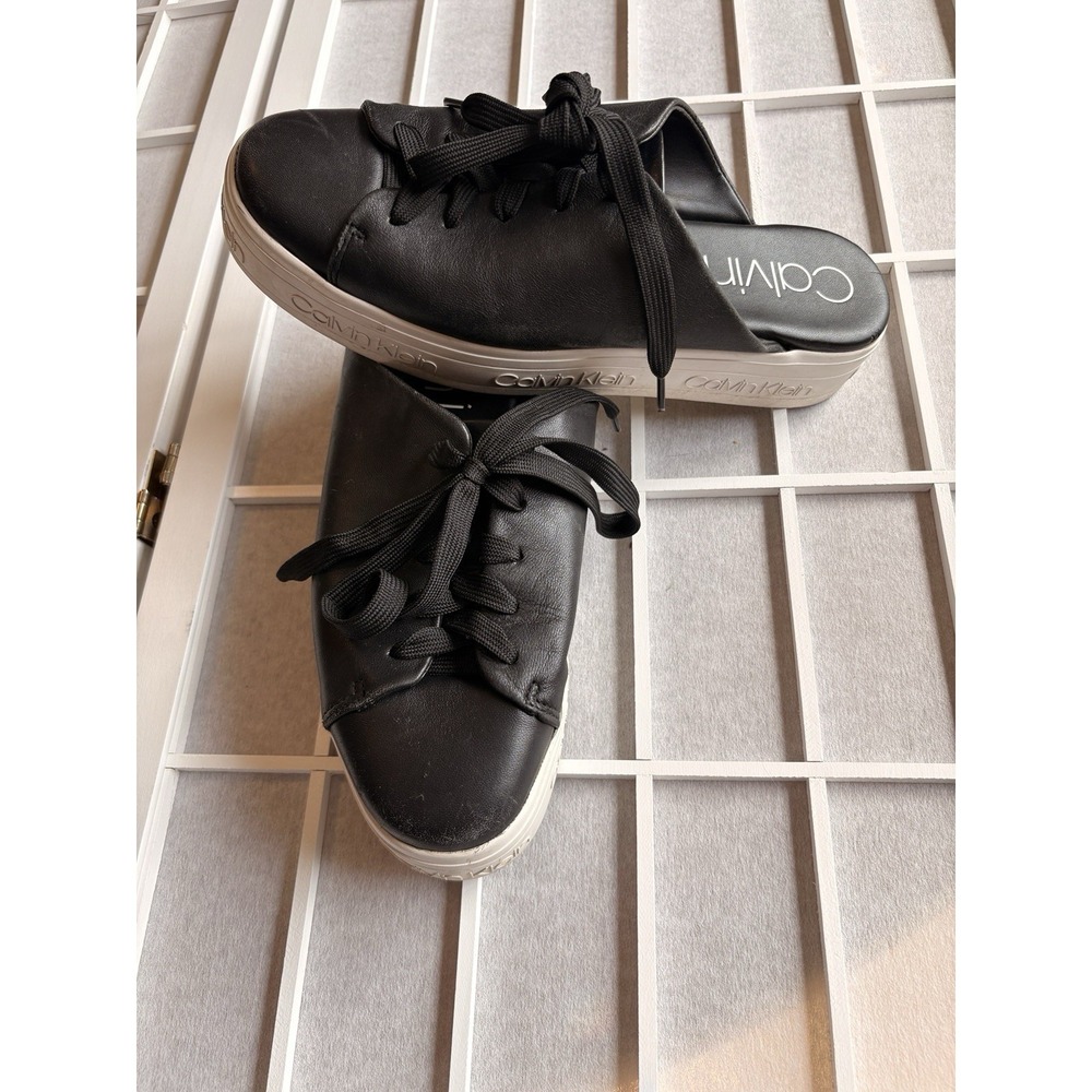 Calvin Klein Shoes Womens Size 9 Jackay Platform‎ Slides Slip On Black Leather